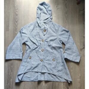 Sigrid Olsen Blue White Stripe Cotton Linen Blend Tunic Style Jacket Medium Hood